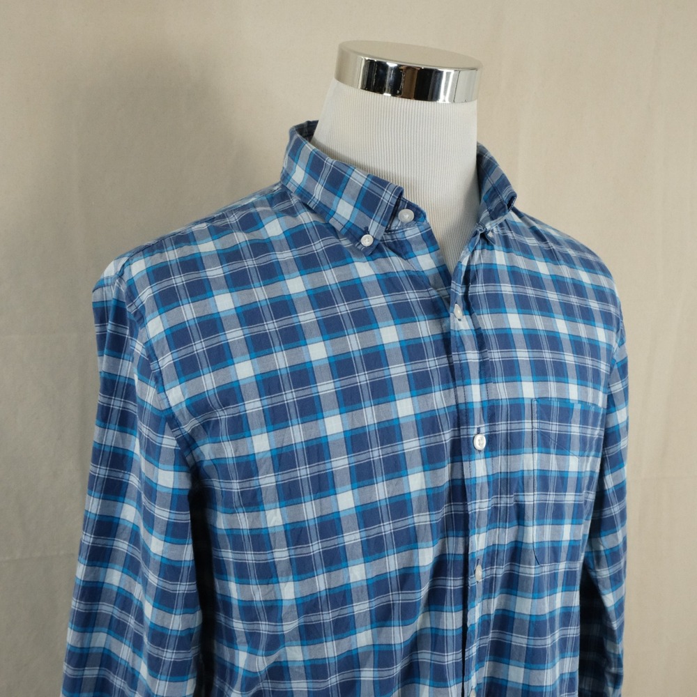Bonobos Large Slim Fit Button Down Shirt Blue Plaid Stretch Cotton Blend Mens